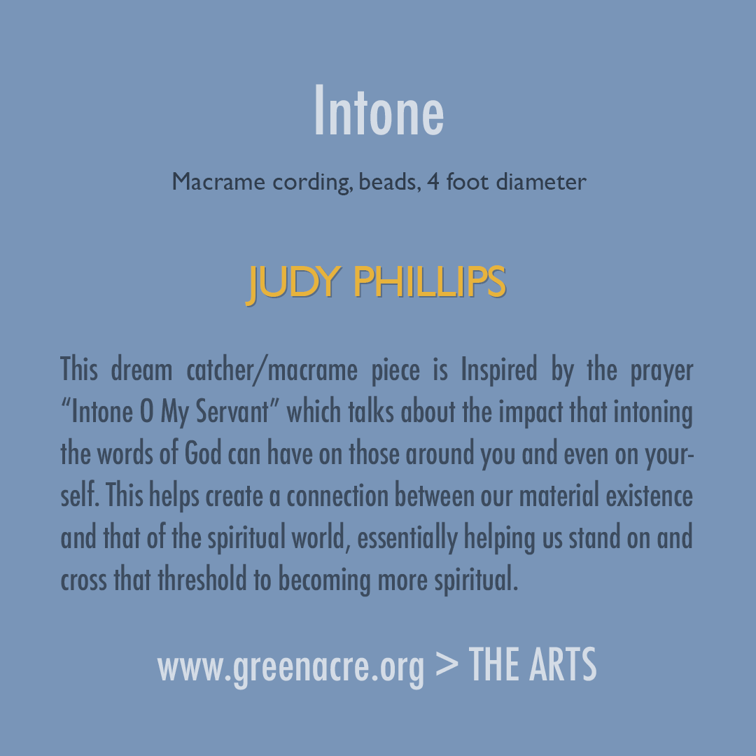 GreenAcreBahai's tweet photo. “Intone” by Judy Phillips, from “Crossing the Threshold”. Macrame cording, beads, 4 foot diameter.
https://t.co/E8pnaoBgy2
#Intone #JudyPhillips #Connection #SpiritualWorld #CrossingtheThreshold #GreenAcre #Bahai #CenterofLearning #ArtShow https://t.co/j8FMWfX1ek