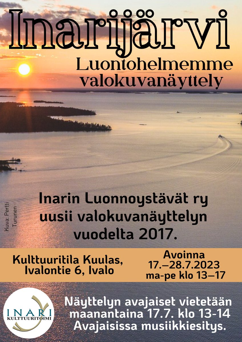 #Inariviikot 21.–30.7.2023
💙Inarijärvi - luontohelmemme valokuvanäyttely/ inariviikot.fi/näyttelyt 
🌲27.7. klo 14 dokumenttiesitys Harald Helanderin luonnonsuojelutyöstä (paikka tarkentuu) & klo 16 Kuulaan edessä 'Hyvänmielen mielenosoitus' Inarijärven erämaisuuden puolesta.