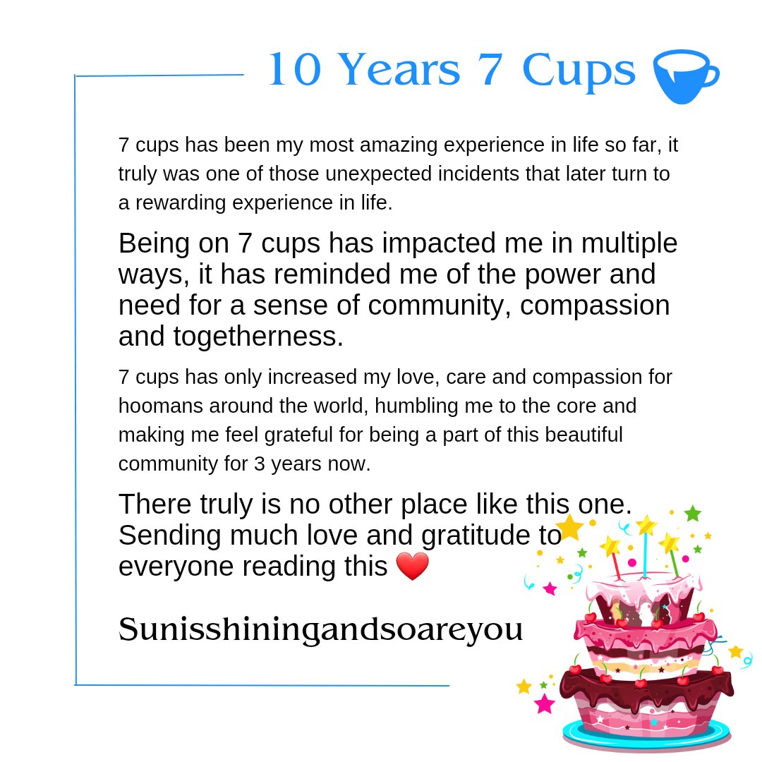 cherie7c's tweet photo. What @7cups long-time users say about 7 Cups community - 2023

#mentalhealth #PersonalGrowth #community https://t.co/k9QEl1eEtU