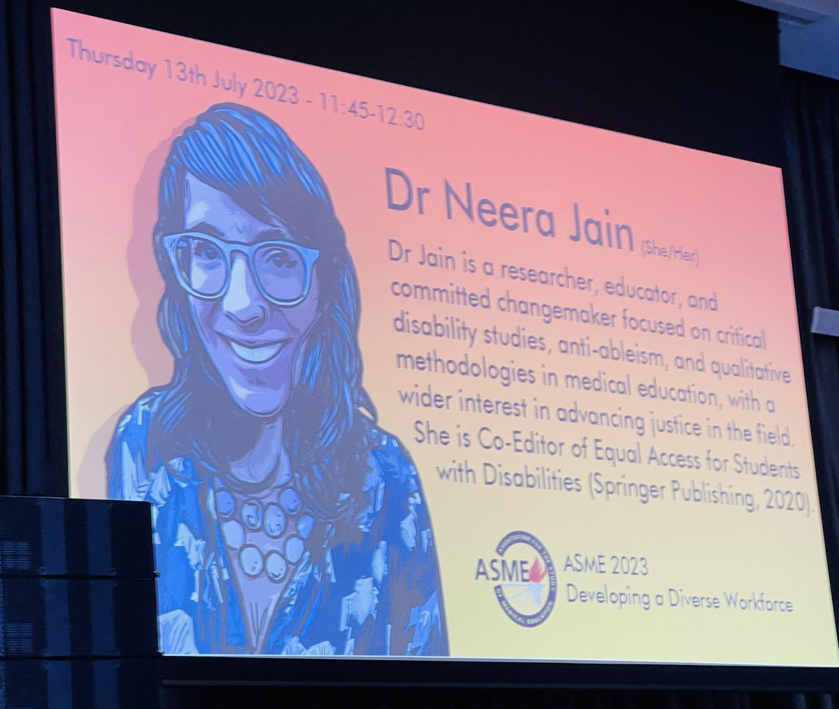 The indomitable Dr. Neera Jain from @AucklandUni , keynoting @asmeofficial #ASME2023 discussing 'Unlearning ableism to advance justice in medical education and practice' 👏 Brilliant Talk by a Brilliant #MedEd Scholar. #DocsWithDisabilities #AccessInMedicine