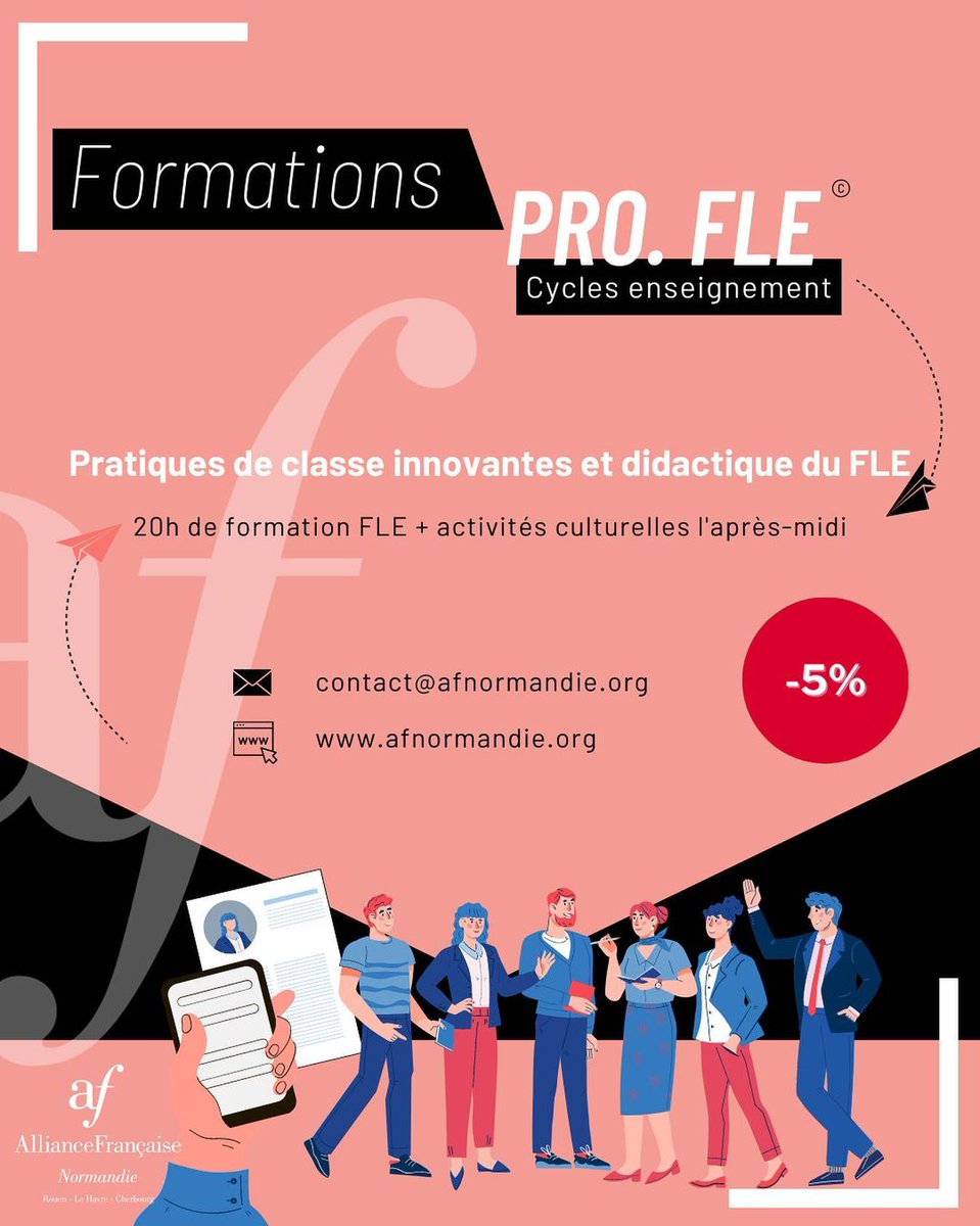 🇫🇷 Du 7 au 11 août, L' <a href="/AFNormandie/">Alliance Française de Normandie</a> met en place un stage qui a pour thème : les pratiques de classe innovantes et didactiques du FLE destinées aux professionnels du secteur !

Pour plus d’informations 👉 bit.ly/3jeJkHt

#QualitéFLE #FLE #Apprendrelefrançais