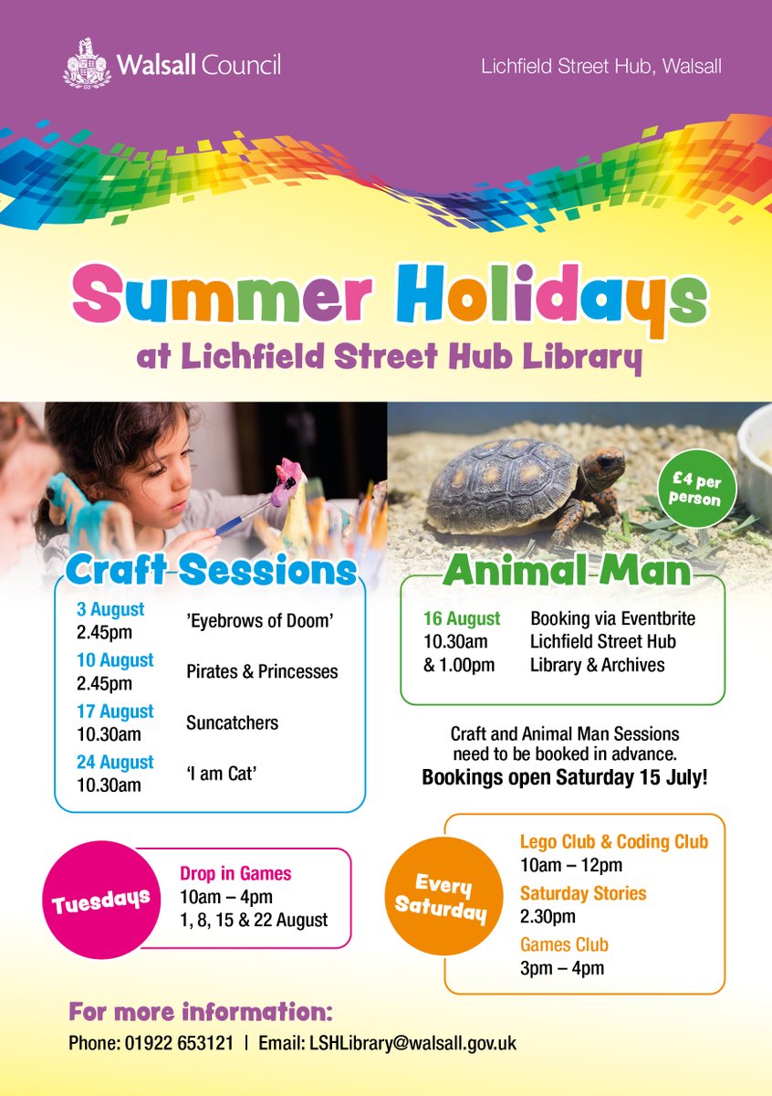 Walsall Libraries (@walsalllibrary) on Twitter photo Summer Events @ Lichfield Street Hub Library
Booking for all of our events opens at 8.30am on Saturday (15th). 
Eventbrite Bookings 
Animal Man - 10.30 - eventbrite.co.uk/e/animal-man-l…
Animal Man - 13.00 -
eventbrite.co.uk/e/animal-man-l… Summer Events @ Lichfield Street Hub Library
Booking for all of our events opens at 8.30am on Saturday (15th). 
Eventbrite Bookings 
Animal Man - 10.30 - eventbrite.co.uk/e/animal-man-l…
Animal Man - 13.00 -
eventbrite.co.uk/e/animal-man-l…