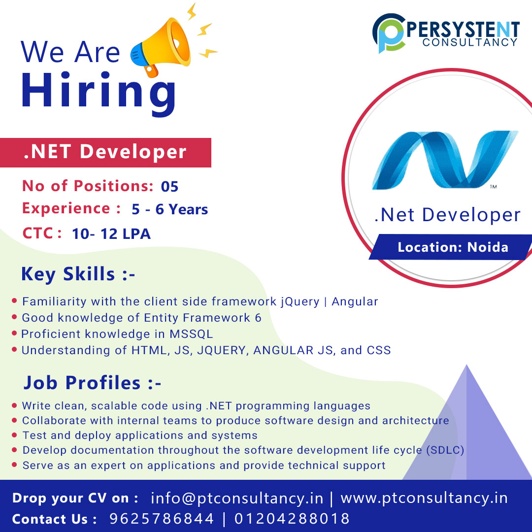 ptconsultancy1's tweet image. Hiring .NET Developer
Experience - 5 to 6 years
Salary - upto 10 LPA
Apply at link :- bit.ly/we-are-hiring-…
Location:- Noida
Key Skills:- ASP.NET, Understanding of HTML, JS, JQUERY, ANGULAR JS, and CSS
Mail id:- ptcon2020@gmail.com
#hiringdotnetdeveloper #jobs