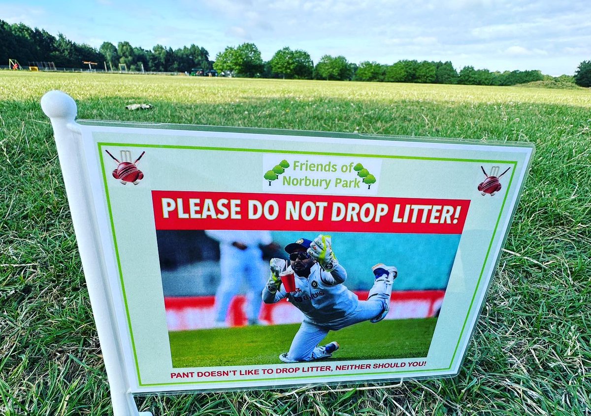 “Cricketers trying not to drop litter”: No1 @RishabhPant17 Trying out a signage campaign in a local park (@Norburyparklife) to appeal to the cricket pitch users who regularly leave litter everywhere. #litter #Cricket #norbury #Croydon