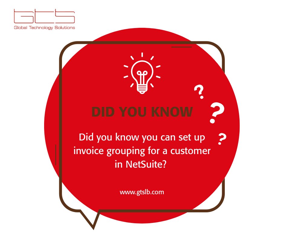 GTS_LB's tweet photo. Did you know… you can set up invoice grouping for a customer in NetSuite?
This reduces time spent billing and makes invoice processing more efficient.

Learn More >> https://t.co/IxIz8Qfis3

Request a free consultation.
Lebanon +961 1 900044
UAE at +971 54 3706734 https://t.co/KkxghqyAWS