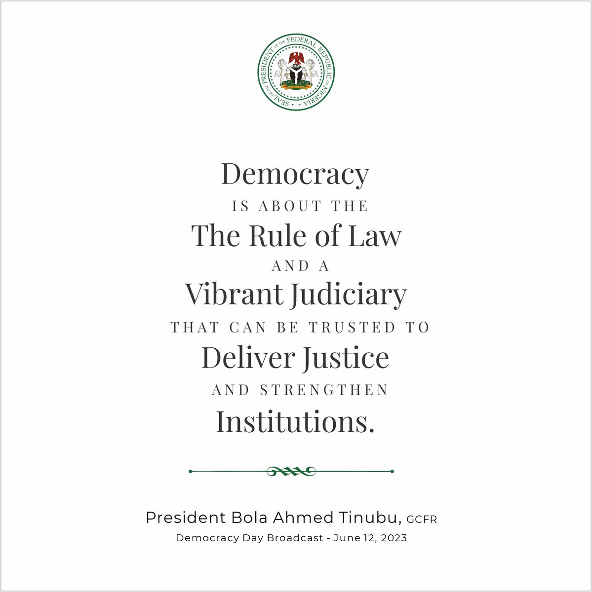 officialABAT's tweet image. FROM THE PRESIDENT, ON THE RULE OF LAW:

President Bola Tinubu remains steadfast in upholding and honoring the principles of constitutional law, cherishing the independence of our judiciary, and supporting law enforcement agencies to conduct their duties within their…