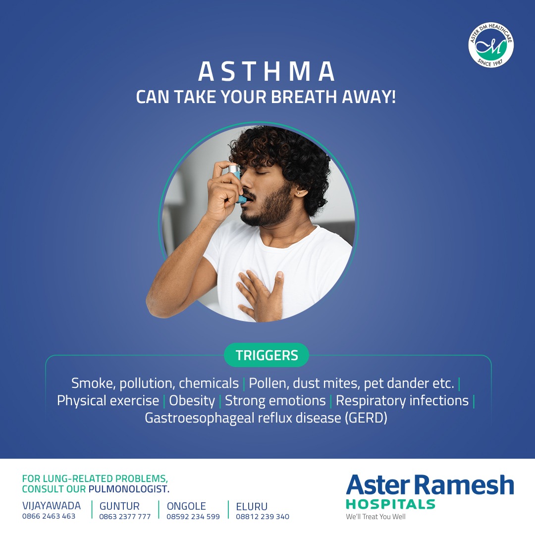 Chronic lung disease causes narrowed airways, swelling, and excess mucus. Breathing becomes challenging, impacting daily life. Avoid triggers for symptom management, as there's no cure.
#asterrameshhospital #rameshhospital #asthma #AsthmaSymptoms #asthmatreatment #asthmacare