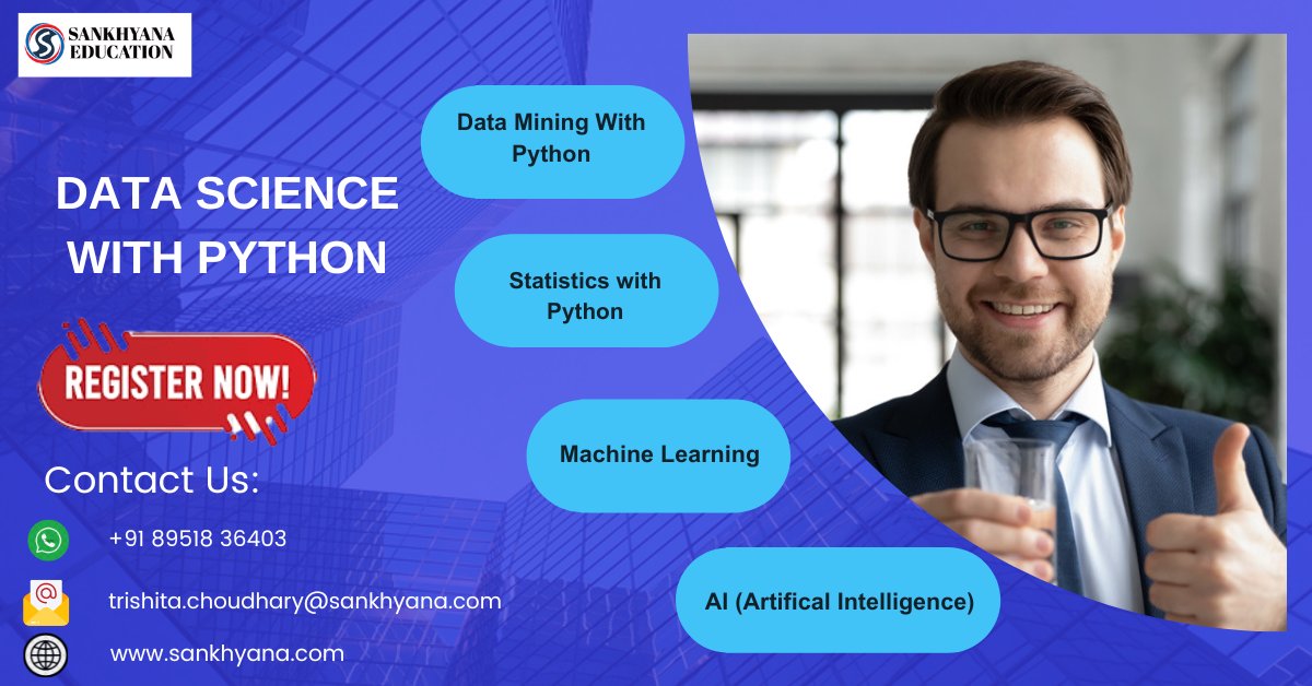 Register now and unleash your data-driven potential!
forms.gle/j4HEk9zkgRMzB5…
+91 8951836403
trishita.choudhary@sankhyana.com
sankhyana.com
#datasciencetraining #datascience #python #SankhyanaEducation #sankhyana #AI #machinelearning  #Chandrayaan3 #galaxyplaza #India