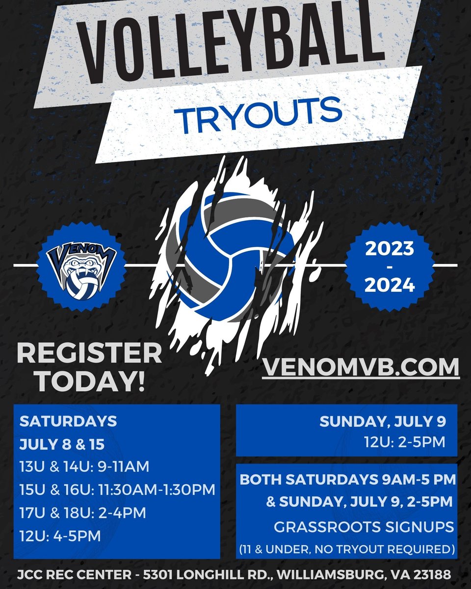 Did you miss tryouts last week,  no problem.  Tryouts will be held this Saturday at the JCC Rec Center.  Please visit venomvb.com to register.
