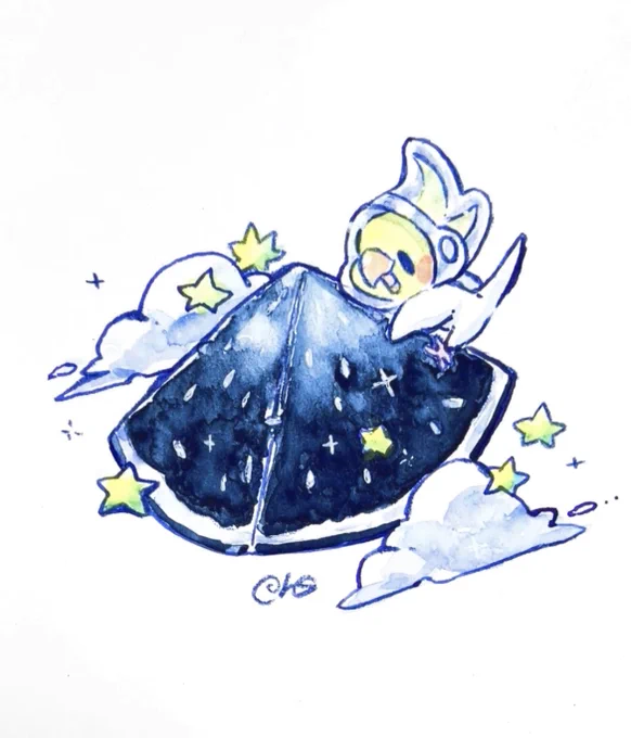 『星空スイカはいかがですか?』 水彩メイキング▷  今年もこの季節がやってきましたね この夏は夏の夜空をたっぷり浴びたスイカが手に入りました ふわふわと浮かびやすいのでお早めに  #すみれのアとり絵 #透明水彩