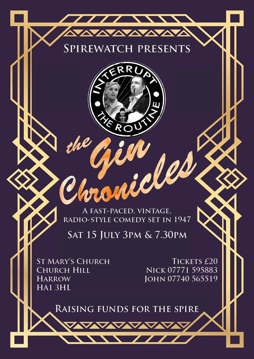 Join us this Sat <a href="/StMarysHarrow/">St Mary's Harrow</a> for fast-paced vintage-style comedy! 
Just 2 performances of The Gin Chronicles (ex-Edinburgh Festival)
3pm &amp; 7.30pm Sat 15 Jul
tickets £20