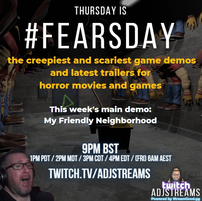 adjstreams's tweet photo. Thursday is #FEARSDAY, featuring the usual movie trailers and game previews from the world of horror!
This week's demo: My Friendly Neighborhood, an upcoming @DreadXPGames title.
Live on Twitch, from 9pm BST / 1pm PDT
#CryptCommunity #HorrorCommunity #HorrorMovies https://t.co/u5r5aEAEVm
