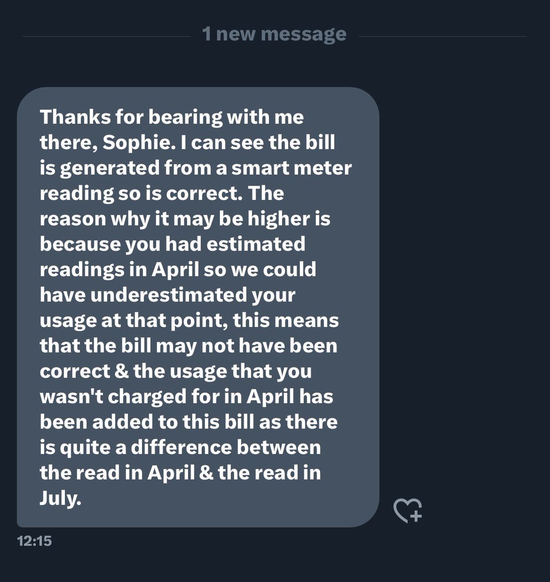 SophiieJune's tweet photo. They’re now claiming that the reading is correct due to my ‘smart’ meter. This is a joke. How can anyone use £2411.35 worth of gas over 2 months in a 2 bed, semidetached new build during the warmer months of April-June?! https://t.co/PpjE10npLE