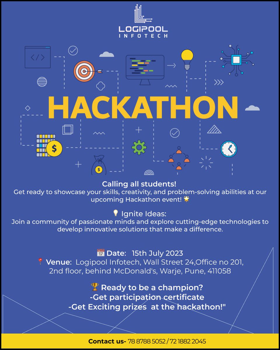 Logipoo2022's tweet photo. Logipool Infotech is inviting you to Join a Competition #Hackathon.
Save the date - 15 July 2023.
Registration link provided in the bio. https://t.co/3xKiiC34g0