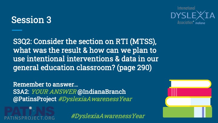 Overcoming #Dyslexia Chat 
S3Q2: Consider the section on RTI (MTSS); what was the result &amp; how can we plan to use intentional interventions &amp; data in our general education classroom? (page 290)

Answer tagging <a href="/IndianaBranch/">IDA Indiana</a> @PatinsProject 
#DyslexiaAwarenessYear