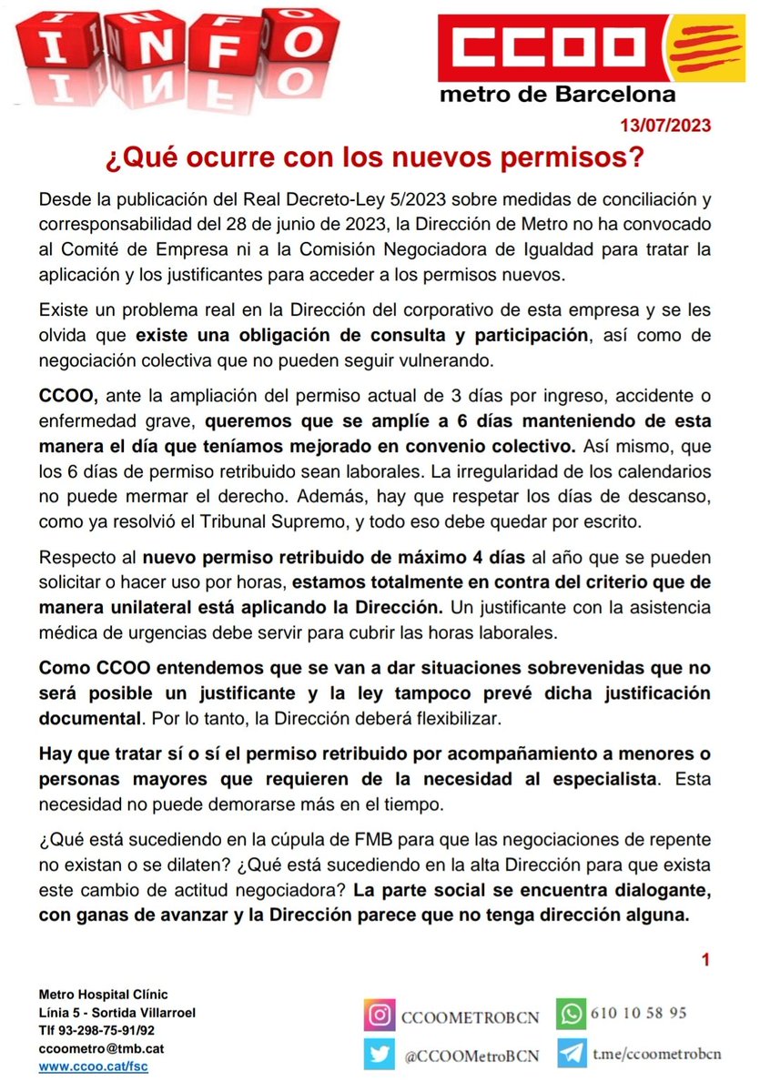 Bona tarda,
Us adjuntem un escrit sobre els nous permisos.
Seguirem informant