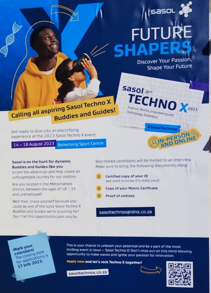 BRC_SouthAfrica's tweet photo. Sasol Techno X 2023 is calling all aspiring Buddies and Guides to Apply scan the QR code BEFORE the 17 july 2023 #saso #sasol
For local suppliers and innovators
email to sasoltechnox@idna.co.za and time and venue will be communicated too registered attendees.
#technoX https://t.co/S3X87pFGCJ