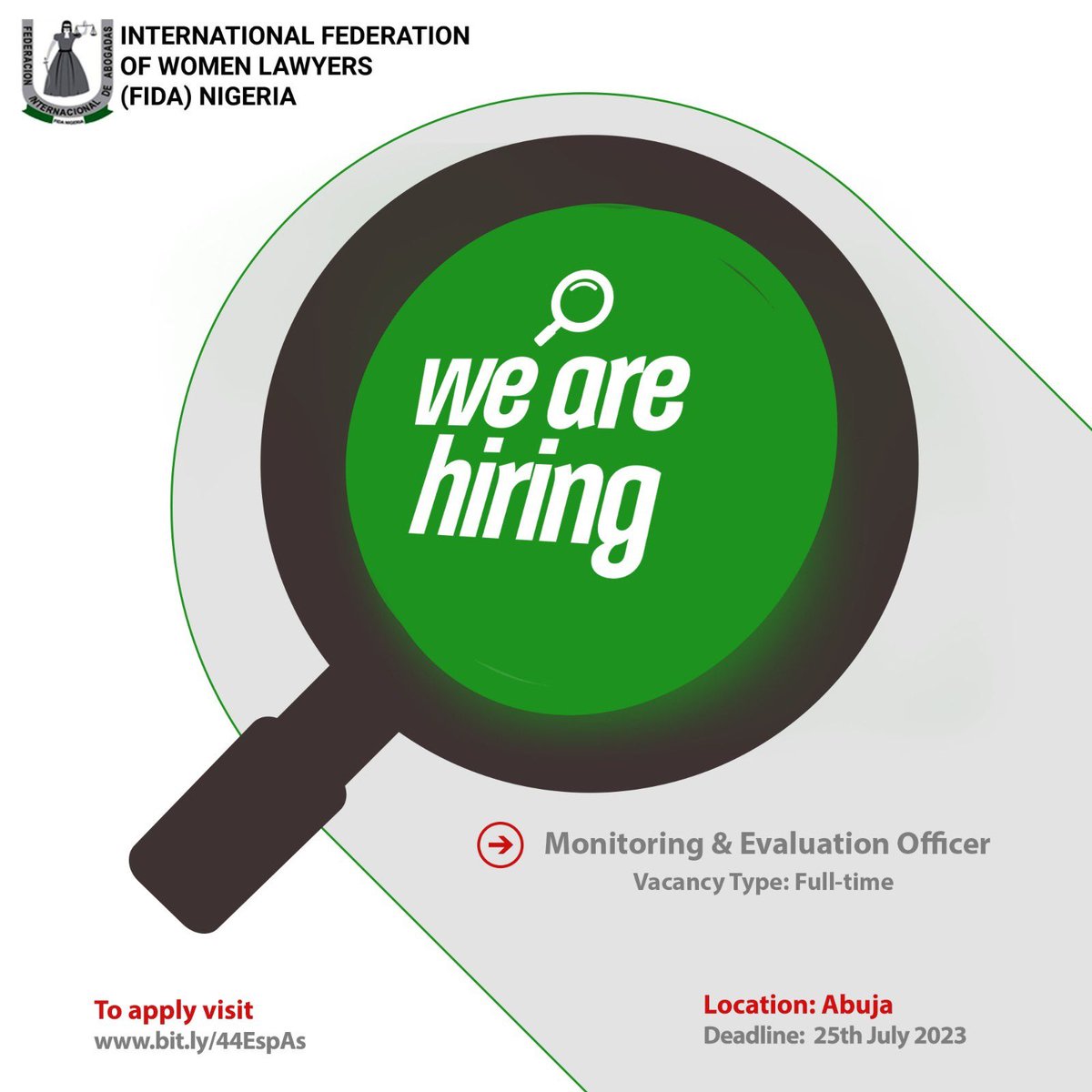 FIDANigeria's tweet photo. FIDA Nigeria invites applications for Monitoring and Evaluation Officer.

To apply visit https://t.co/xFI2PmiYfR for more information

See link in bio ☝️☝️

Deadline: July 25th, 2023.
Only shortlisted candidates will be contacted.

#fidanigeria https://t.co/jqV1oJ1D0X