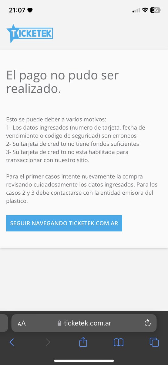 Debguerrera's tweet photo. @TicketekAr hace desde ayer q quiero comprar entradas para fito y no me deja y tengo ok la tarjeta y no me responden Uds x ningún lado https://t.co/dx2QKsDbp2