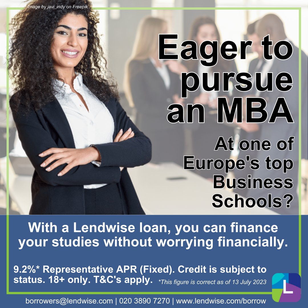 Eager to study an #MBA at a top European #BusinessSchool? A Lendwise loan can help you finance your studies -  lendwise.com/borrow  
9.2% Representative APR (Fixed). Credit is subject to status. 18+ Only. T&C’s apply. 
#EMBA #BusinessDegree #PostgraduateLoans