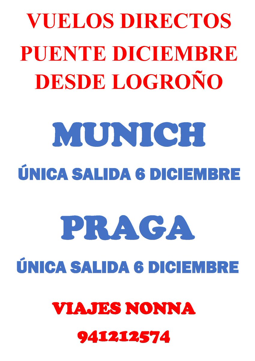 ViajesNonna's tweet photo. En Viajes Nonna ya tenemos a la venta los viajes del Puente de Diciembre a Munich (Alemania) y a Praga (Rep Checa) en vuelo directo desde Logroño. Y por supuesto al resto de destinos europeos con vuelos directos desde Vitoria, Bilbao y Pamplona...
📞941212574  Whatsapp 689188036 https://t.co/MLJCLbB3GT
