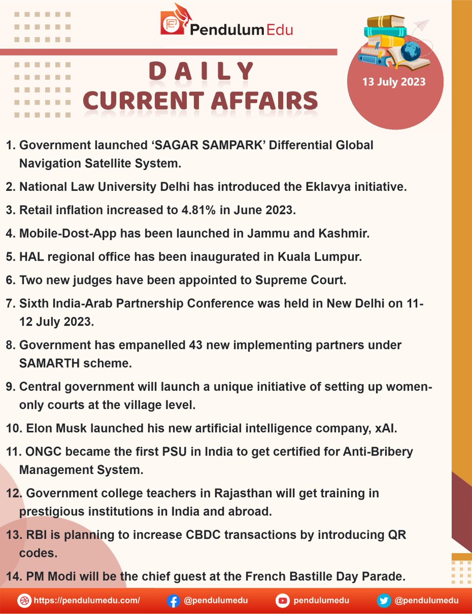 pendulumedu's tweet photo. Current Affairs of 13 July 2023 in English - https://t.co/dczcN1Rip0
#currentaffairs #GKNews #latestnews #educationalnews #gkcurrentaffairs #NationalNews #InternationalNews #sagarsampark #nevigationsatellite #eklavyainitiative #mobiledostapp #halregionaloffice #Samarthscheme https://t.co/obe5AHrYIR