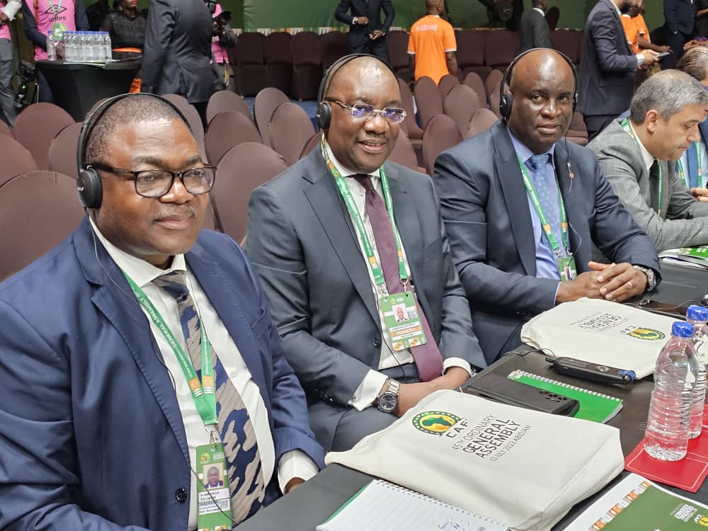 FAZFootball's tweet photo. FAZ president Andrew Kamanga is leading a three-member delegation from the Association at the 45th CAF Ordinary General Assembly in Abidjan, Ivory Coast. Kamanga has been accompanied by his vice Justin Mumba and general secretary Reuben Kamanga at the Assembly where the election of CAF Executive Committee members for the term 2023 – 2027 will be made.