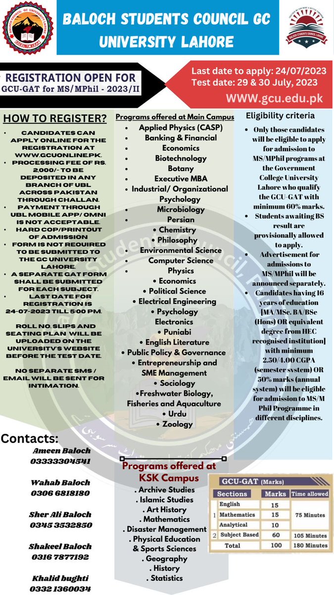 GCU open registration for MPhil admission GAT test.
Last date to apply. 24-07-2023
Test dates: 29 & 30 July 2023.

Apply ONLINE for registration at gcuonline.pk. 

Even students awaiting BS results can provisionally apply!
#GCU #GCuniversity