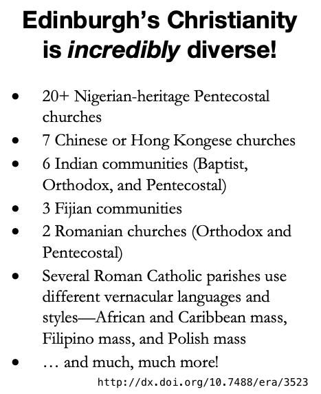 In our recent Global Christians in Edinburgh project, we were amazed at the diversity of the worldwide church represented in the city of Edinburgh! #EdinGlobalChristians cswc.div.ed.ac.uk/2023/07/global…