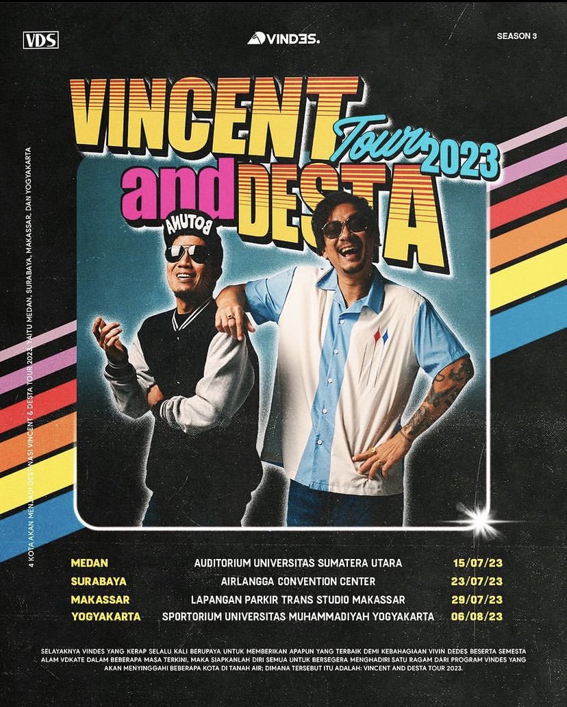 SIAP SIAP BESOK VINCENT AKAN TRAKTIR SEBAGIAN DARI HARGA TIKET VINCENT &amp; DESTA TOUR 2023!

Jumat, 14 Juli 2023 pukul 19.00 WIB

Tiket akan dijual dengan jumlah dan waktu terbatas. Siapa cepat dia dapat!

Siap-siap klik link di bio besok!

(berlaku untuk tiket di seluruh kota)