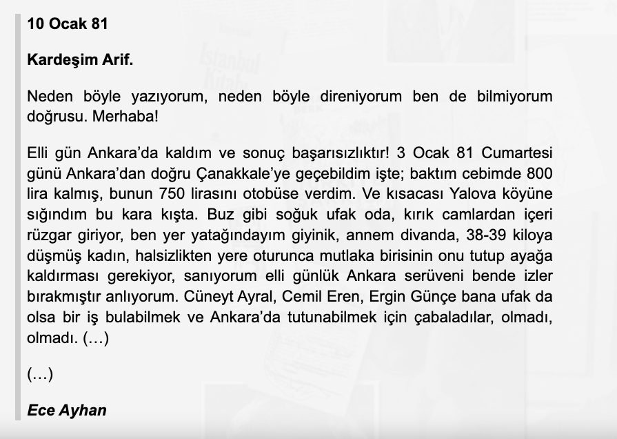 Ve kısacası Yalova köyüne sığındım bu kara kışta. Buz gibi soğuk ufak oda, kırık camlardan içeri rüzgar giriyor, ben yer yatağındayım giyinik, annem divanda, 38-39 kiloya düşmüş kadın... #EceAyhanCaglar #EceAyhan Saygıyla
Hayâl Dergisi 47. sayısı