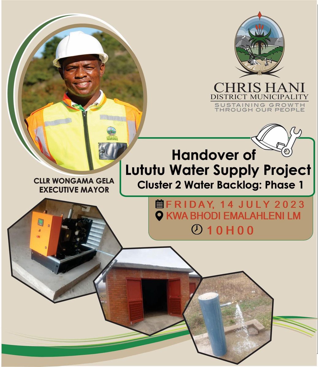 WongamaGela's tweet photo. Tomorrow I will be handing over the Lututu Water Supply Project to the community of Ward 02 Emalahleli Local Municipality this Friday at 10:00am Kwa Bhodi. #CHDMAtWork https://t.co/r5sb5eagYf