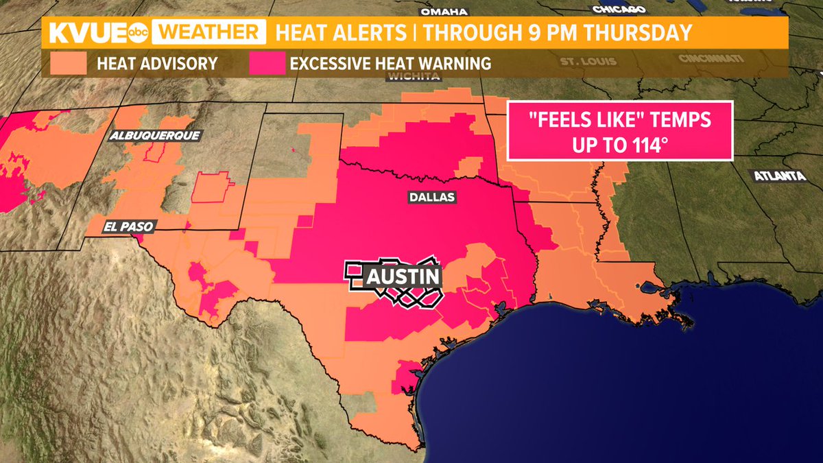 Heat alerts continue today across Texas as 'feels like' temperatures could climb as high as 114 degrees once again. We'll challenge the daily heat record of 108 in Austin Thursday afternoon! I expect heat alerts to be issued for Friday and the weekend. #txwx #atxwx