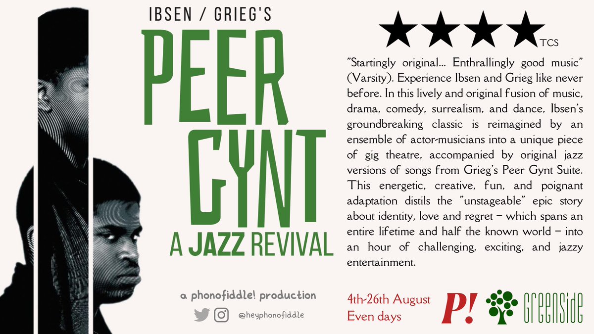 heyphonofiddle's tweet photo. Phonofiddle! is delighted to bring you "Peer Gynt: A Jazz Revival", a bold fusion first performed in Cambridge, and now at the Edinburgh Fringe! 
Experience Grieg and Ibsen like never before with a night of jazz, trolls, and more.
Buy your tickets here:
https://t.co/6uzaK3k6el https://t.co/DE25Wayefg