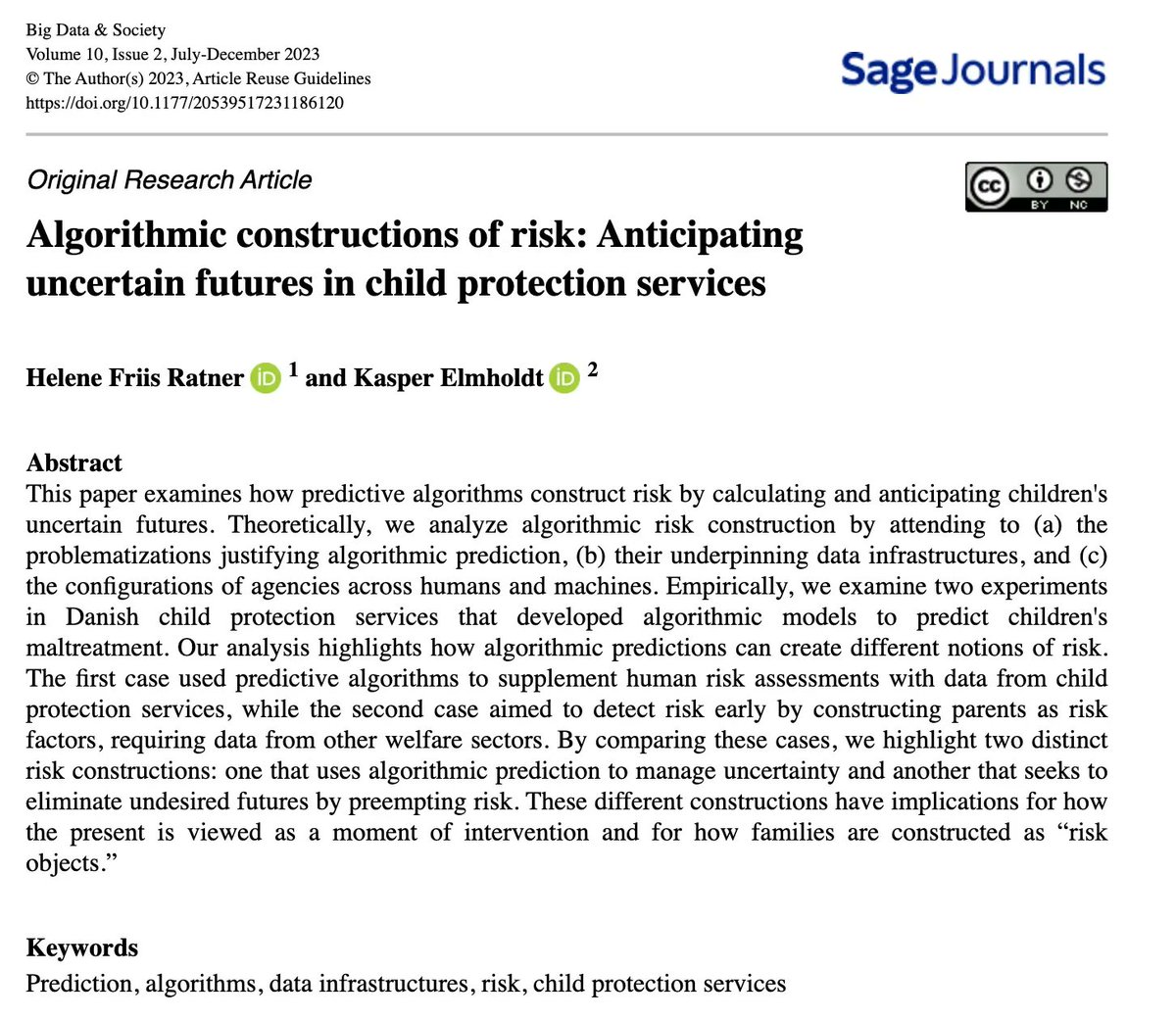 BigDataSoc's tweet photo. 🚨 ⚡ New publication! Helene Friis Ratner & @kasper_elmholdt examine how predictive #algorithms construct risk by calculating and anticipating children's uncertain futures #datainfrastructures #risk #childprotectionservices.
Check it out! ▶️ https://t.co/aZG7SngC9v https://t.co/tfRhDTkXSz