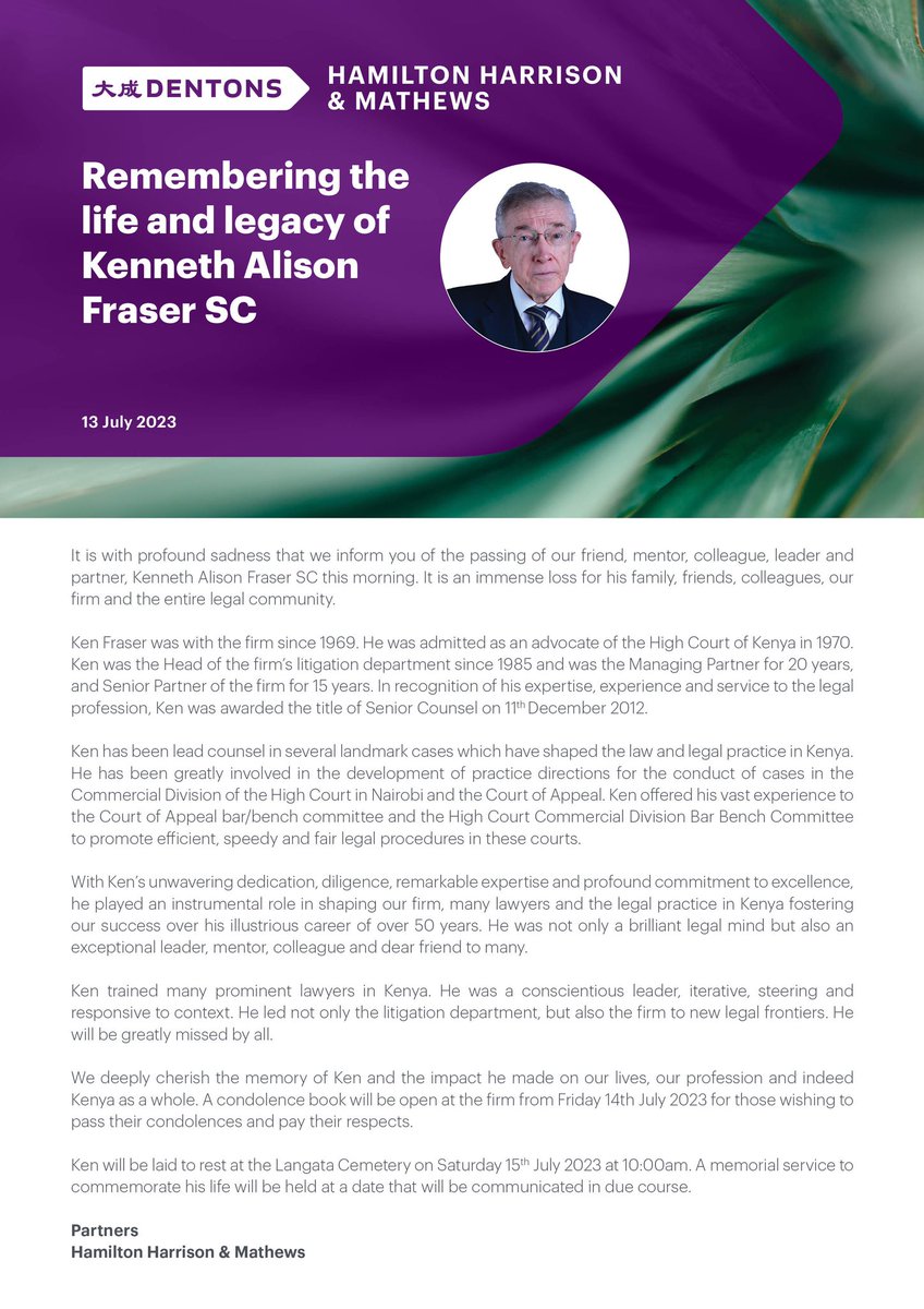 HHM_Law's tweet photo. It is with profound sadness that we announce the Passing of Kenneth Alison Fraser SC, our dear friend, mentor, colleague, leader, and partner.  We will cherish the memory of Ken and the impact he made.

#RememberingKenFraser #DentonsHHM https://t.co/TccVqKoaDy