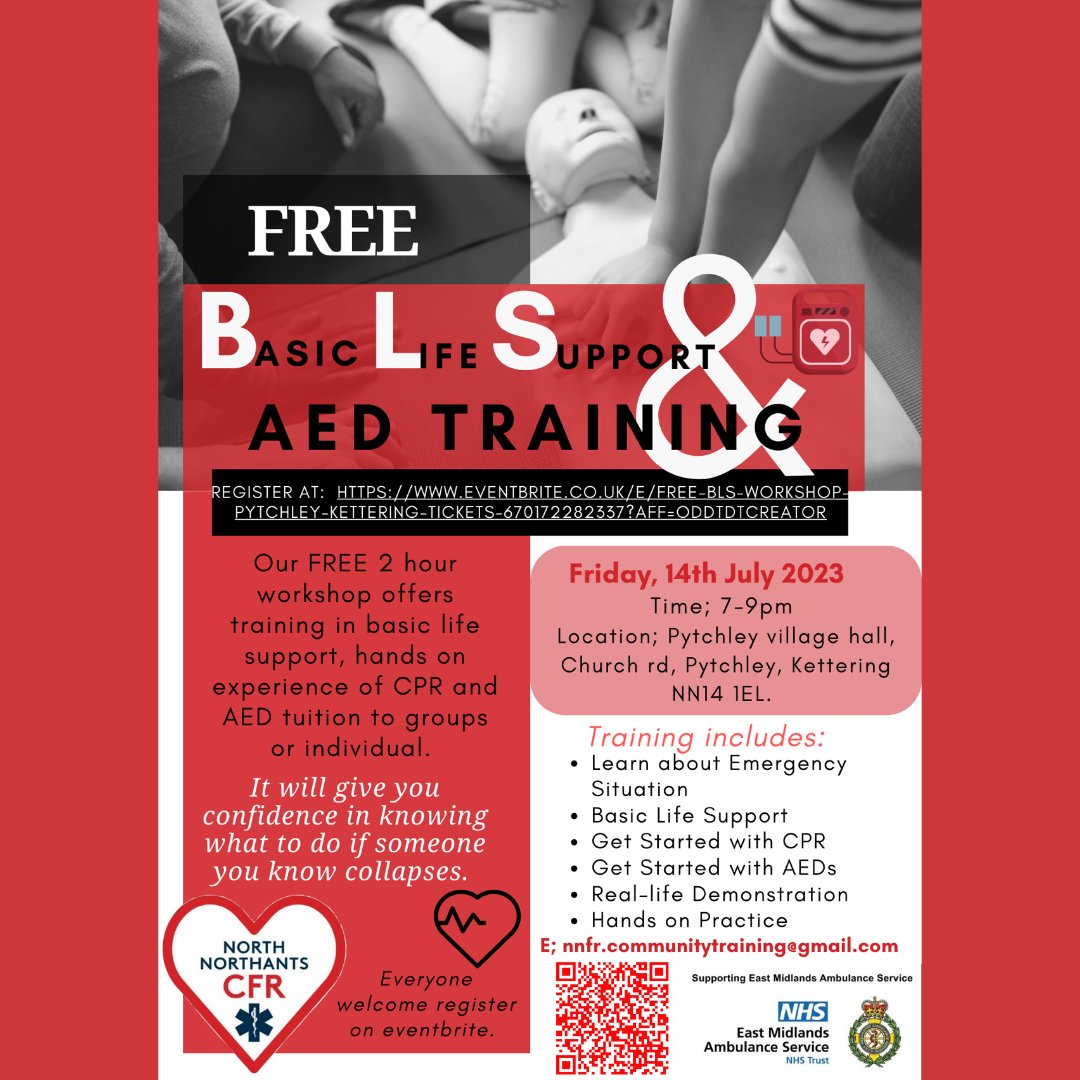 TOMORROW free #BLS workshop. Come and learn #CPR and how to use an #AED 7pm-9pm at Pytchley Village Hall, Friday 14th July. Reserve your space here: eventbrite.co.uk/e/free-bls-wor…