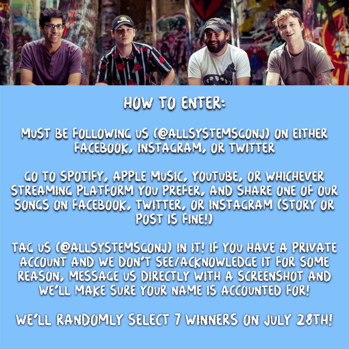 allsystemsgoNJ's tweet photo. Our band turns 7 years old in just over two weeks, and to celebrate, we’re giving 7 of our followers a small merch bundle. Drawing rules are below; let us know which ASG song is your jam to win! 👕💿🎶 https://t.co/2vOYk9eHVd