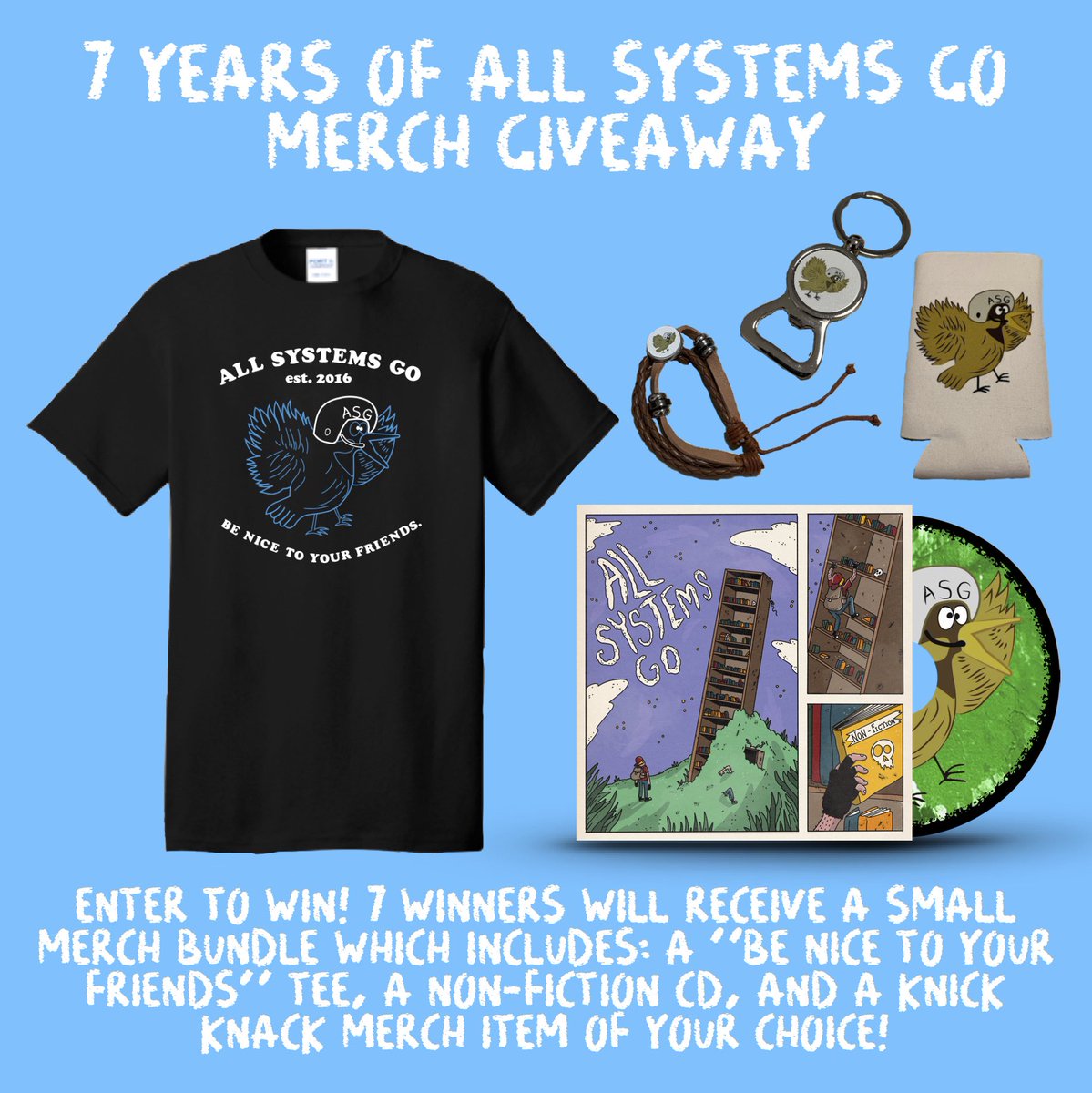 allsystemsgoNJ's tweet photo. Our band turns 7 years old in just over two weeks, and to celebrate, we’re giving 7 of our followers a small merch bundle. Drawing rules are below; let us know which ASG song is your jam to win! 👕💿🎶 https://t.co/2vOYk9eHVd