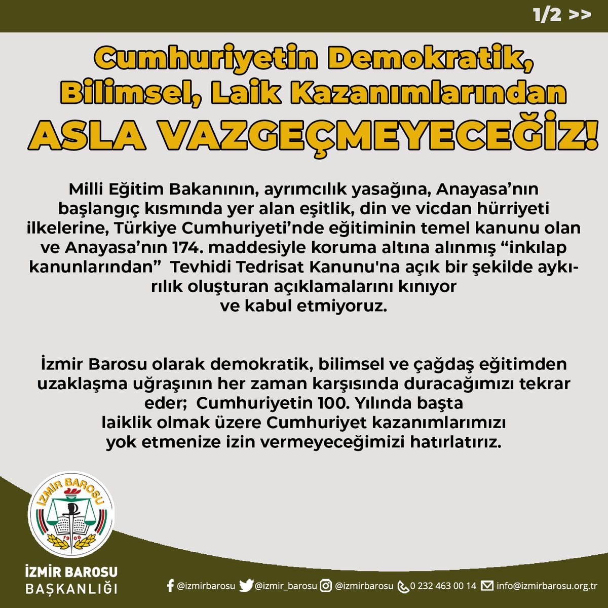 izmir_barosu's tweet photo. Cumhuriyetin Demokratik, Bilimsel, Laik Kazanımlarından Asla Vazgeçmeyeceğiz

https://t.co/DcLP8hzwK5 https://t.co/WyHgrfudFi