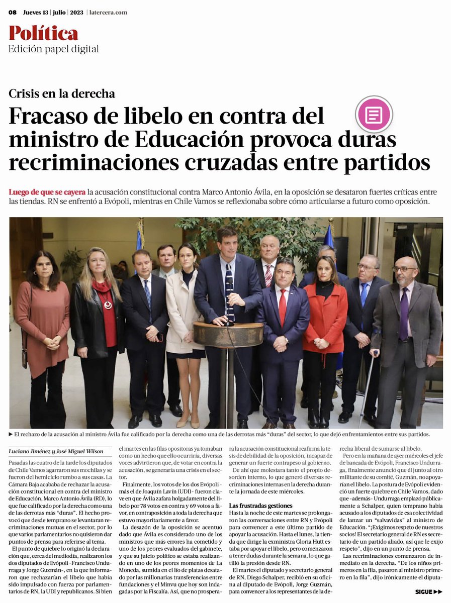 rodolfocarter's tweet photo. Frente a un muy mal Gobierno, Chile no merece tener una mala
Oposición. Frente a la izquierda que hace de la división y el eslogan su eterno negocio; no se pueden oponer partidos que improvisan sus decisiones y actúan como si el país no tuviera urgencias sociales más graves que solucionar. El doble desafío de recuperar la seguridad para nuestros compatriotas y de convertir el crecimiento económico en un deber ético, nunca podrá ser encarnado por un grupo de partidos que se diluye entre sus pequeñas agendas y torpes luchas de poder. El espectáculo de ayer, no sólo es un regalo para un Gobierno que agoniza entre su incoherencia y el escándalo de las #FundacionesTruchas; sino que también es la notificación de que sin una nueva coalición y sin un cambio de rumbo, no sólo no habrá futuro gobierno: simplemente no habrá futuro.