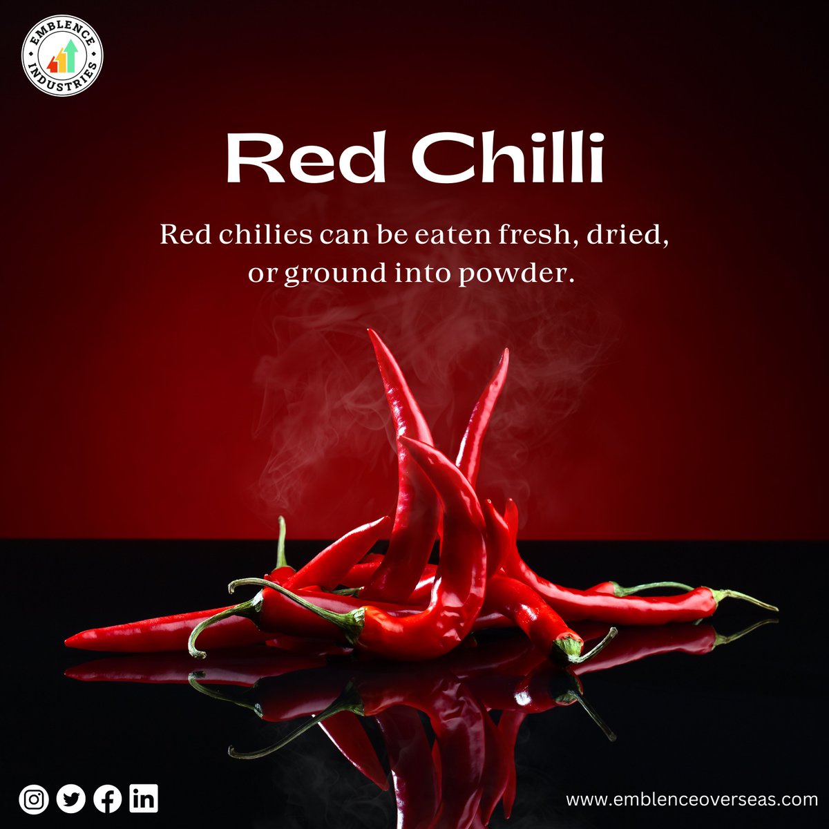 emblenceoversea's tweet image. Heat up your taste buds with Emblenoverseas Red Chili Powder! Our versatile spice is perfect for adding a touch of heat and flavour to all your favourite dishes. 
.
.
#Emblenoverseas #RedChilliPowder #Spices #export #exportfromindia #exporter #manufacturer #premiumspices #chilli