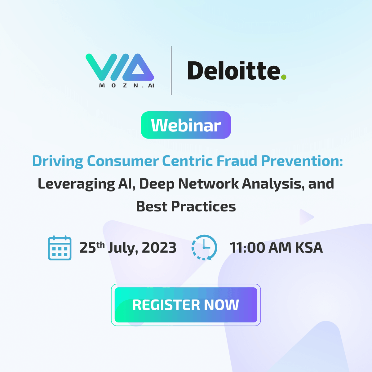 Mozn_ai's tweet photo. 📣 Join us on Tuesday, July 25th for our upcoming webinar with @Deloitte where we discuss "Driving Consumer Centric Fraud Prevention: Leveraging AI, Deep Network Analysis, and Best Practices."

Register now: https://t.co/2fpdni1byj
#Mozn #مزن https://t.co/7y22Cr4mYW