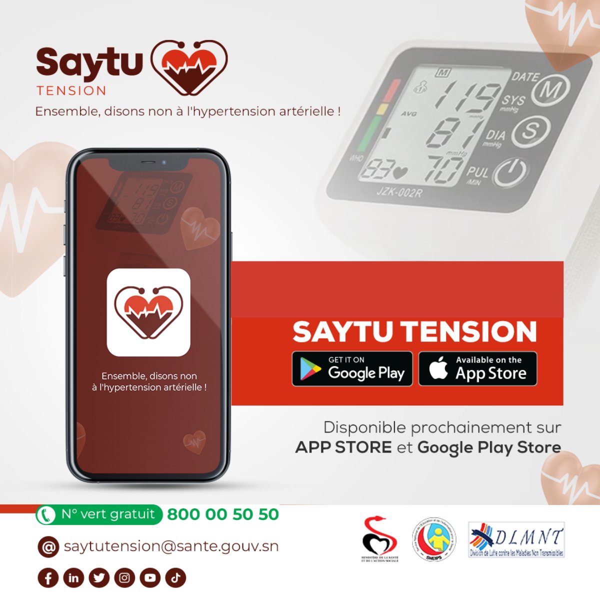 Votre application mobile Saytu Tension sera disponible très prochainement ⏳.
Saytu Tension est une solution digitale innovante pour la gestion de votre tension artérielle. 
#Kebetu #ApplicationMobile #HypertensionArterielle