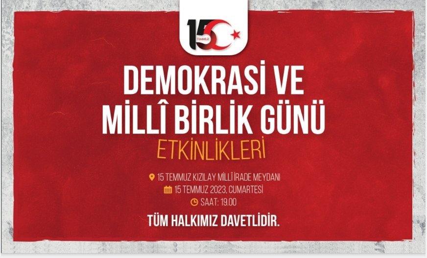 Fatih__Bildik's tweet photo. 15 Temmuz Demokrasi ve Milli Birlik Günü ‘nde gerçekleştirilecek  etkinliklerimize tüm halkımızı bekliyoruz..

📍: Kızılay Milli İrade Meydanı
🕖: 19.00

#15Temmuz https://t.co/txFkJOBsjh