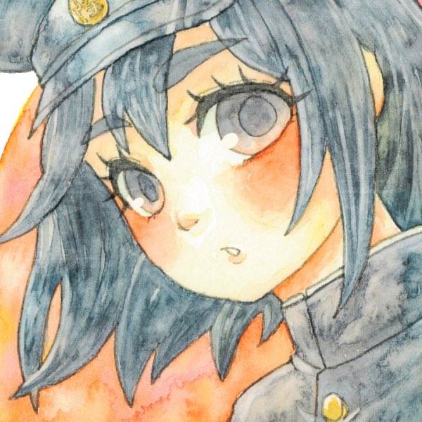 akitsu maru (kancolle) 1girl solo hat painting (medium) black hair short hair watercolor (medium)  illustration images