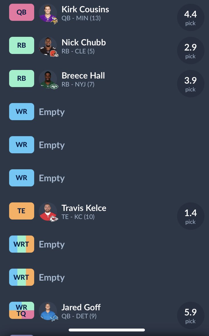 UltraflexSutton's tweet photo. 5 rounds into #SFB13. Couldn’t pass up Kelce at 1.04 with the TE scoring. Time to get some WRs in rounds 6-8. @UltraflexFP https://t.co/mSrk6PRj23