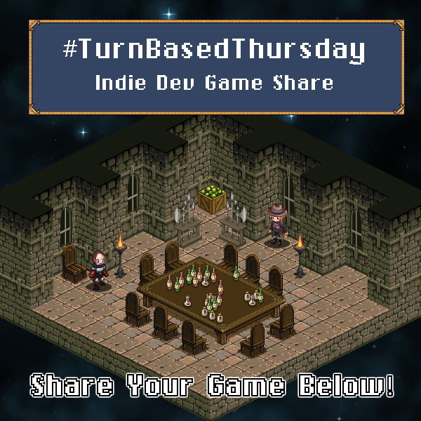 A pixelart image of a table with tons of chairs and drinks, just waiting for you to sit down! Text says: #TurnBasedThursday Indie Dev Game Share - Share Your Game Below!