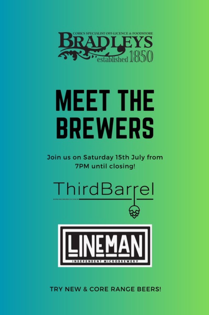 Discover your favourite <a href="/LINEMANbeer/">LINEMAN</a> and <a href="/ThirdBarrelbrew/">Third Barrel Brewing</a> beer and meet the brewers at our in store tasting this Saturday, 15th July from 7 - 8pm. New and core beers on show.
Fun will continue in <a href="/TheFriaryCork/">TheFriaryCork</a> <a href="/8/">.</a> and <a href="/BierhausCork/">Bierhaus Cork</a> @9