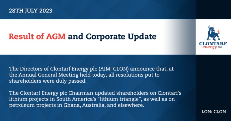 ClontarfEnergy's tweet photo. AGM Results and Corporate Update issued #CLON #CLONTARF